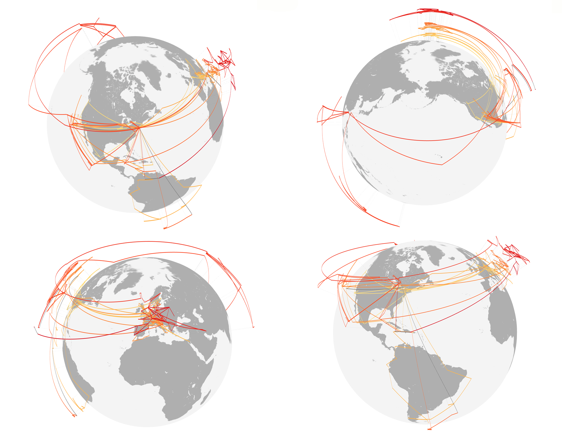 Four globes with lines indicating travel patterns