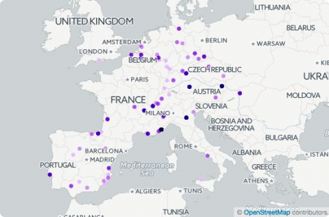 Map of Europe with various cities highlighted